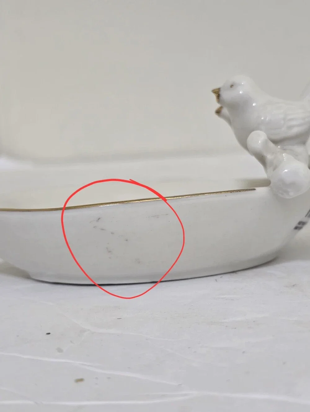 vintage PIER 1 imports Trinket Tray Two Birds Porcelin White Gold Trim